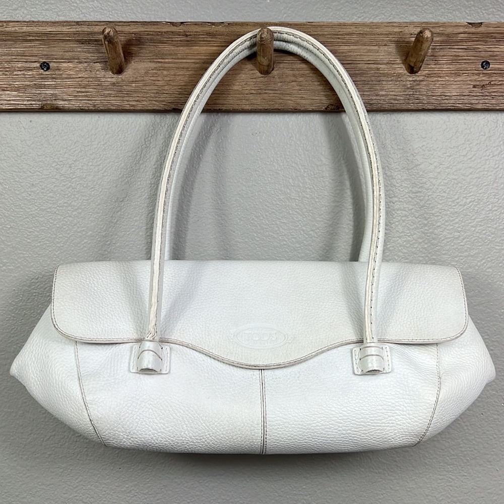 TOD’S White Leather Shoulder Handbag Pebbled Leather Vintage